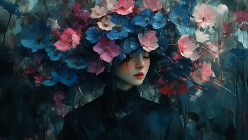Portrait of a woman crowned by abstract floral canopy in teal