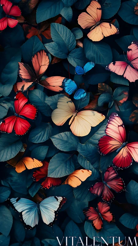 Chromatic butterflies contrast against desaturated macro foliage field