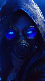 Hooded wanderer with neon mask and glowing blue gaze.