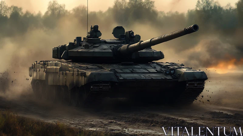 Main battle tank advances across dusty training range