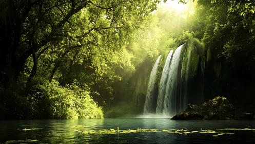 Backlit forest waterfall with volumetric light and calm reflective pool