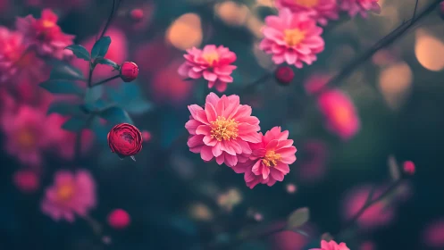 Pink Dahlias in Soft Focus with Blurred Garden Background