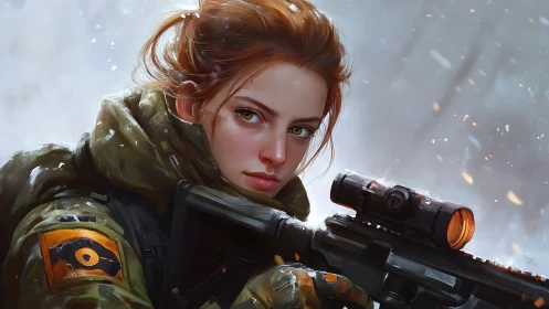 Red-haired operative in tactical gear with scoped rifle against snow.