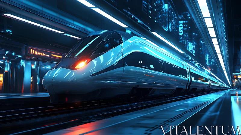 High speed train in illuminated futuristic station at night.