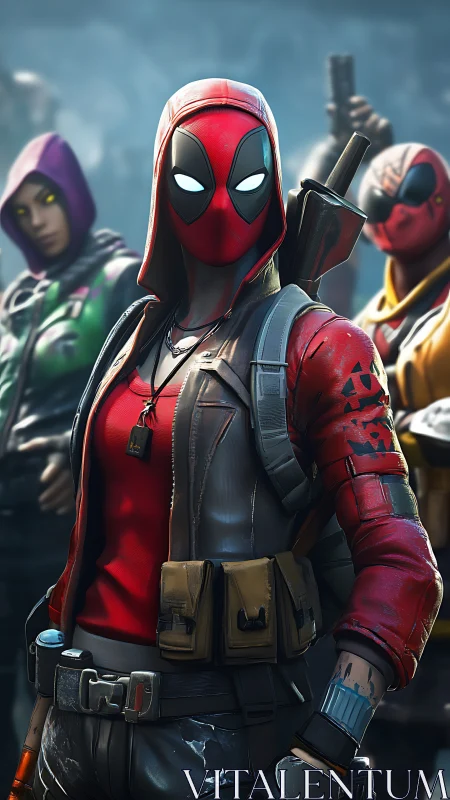 Masked game character leads armed squad in detailed render