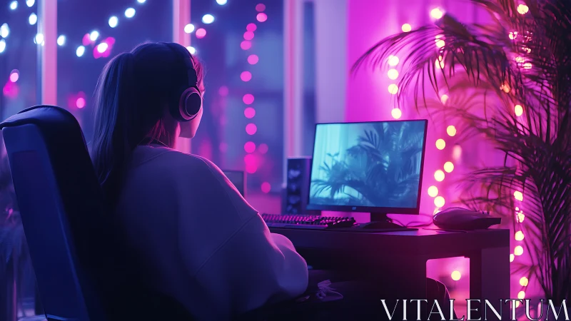 Cozy neon-lit gamer retreat with relaxed headphones vibe.