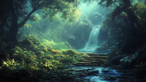 Luminescent Subterranean Waterfall Canyon with Dramatic Atmospheric Caustics