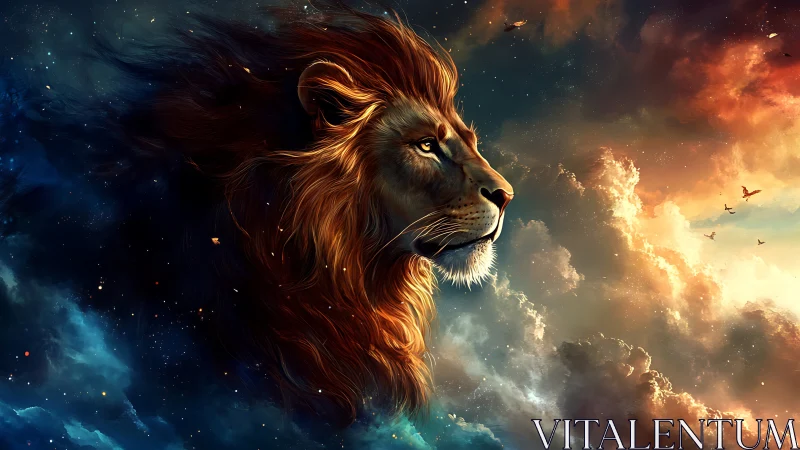 Majestic cosmic lion gazes across glowing nebula sky