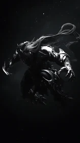 Dark armored humanoid figure rendered in high contrast motion