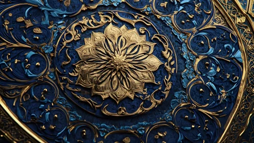Ornate golden floral mandala on rich blue background, intricate detail.