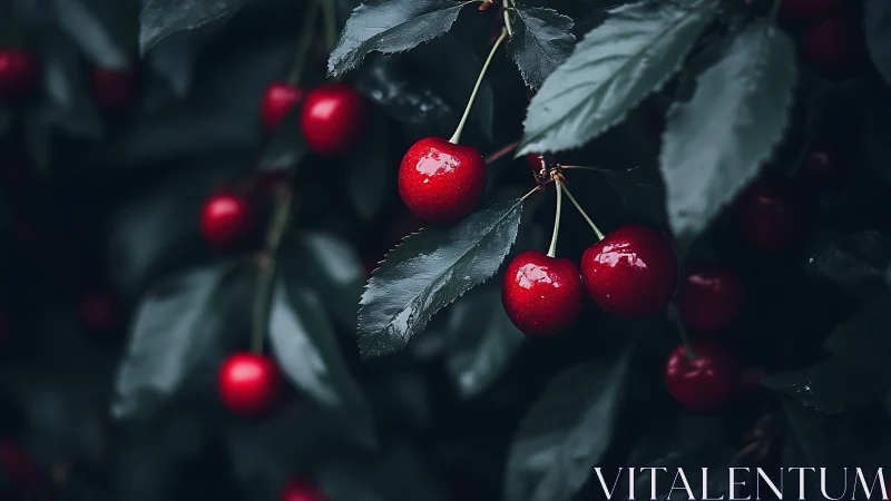 Ripe red cherries hanging on dark green leafy branches.