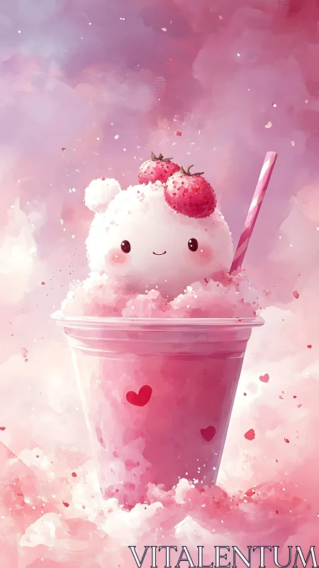 Cute strawberry ice bear in pink dessert cup illustration