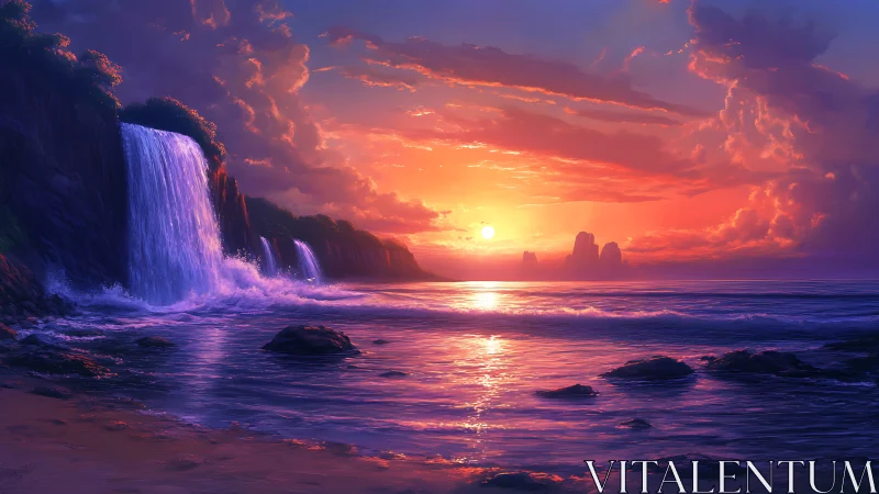 Coastal cliffs with waterfalls under vivid sunset sky.