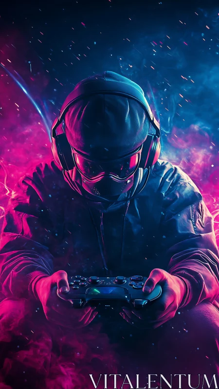 Hooded gamer holds controller in neon pink and blue glow.