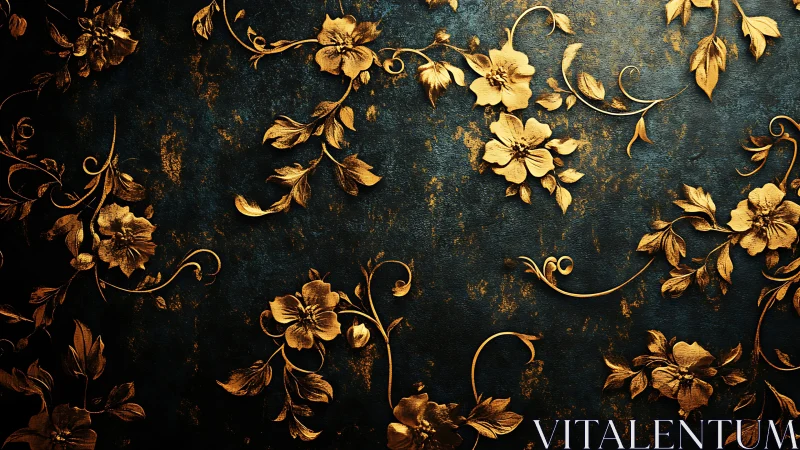 Ornate gold floral relief on distressed teal textured ground.