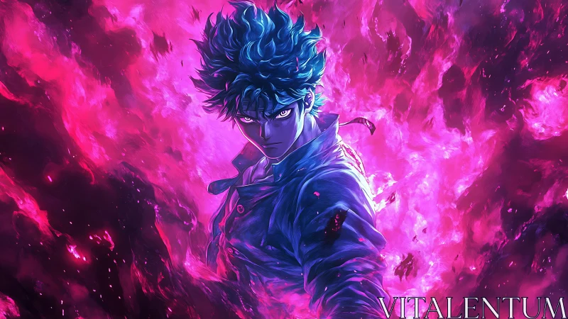 Blue-haired anime warrior commands swirling neon flames