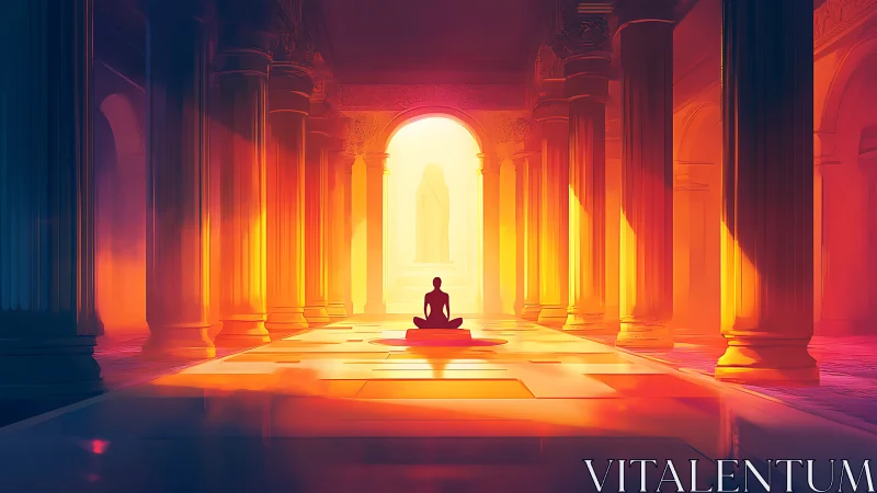 Solitary figure seated in illuminated columned hall interior.