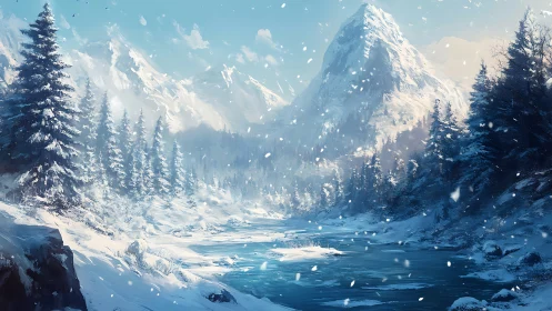 Whispering winter river beneath a sky-struck crystal peak.