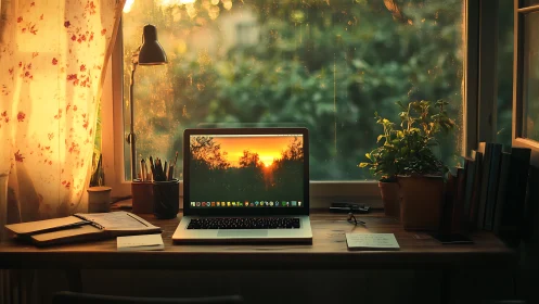 Laptop on wooden desk facing sunlit garden window at dusk