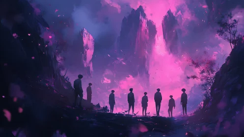 Silhouetted figures face glowing pink cliffs in twilight