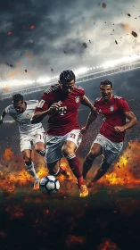 Soccer forwards sprint through fiery pitch under stormy sky