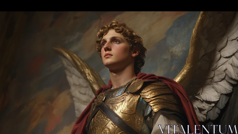 Winged warrior angel in golden armor under painted sky.