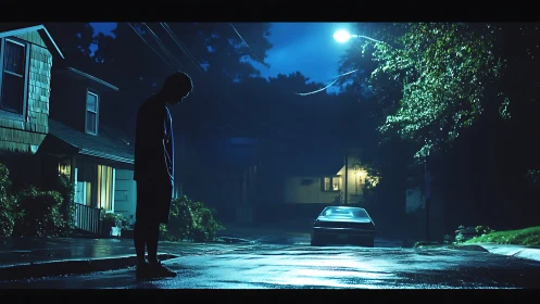 Solitary figure on wet suburban street under blue night light.