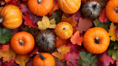 Top-down study of mixed pumpkins arranged on multicolor maple foliage