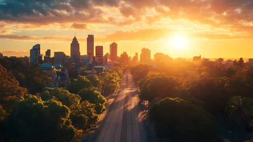 Sunlit city skyline rises beyond empty tree-lined avenue