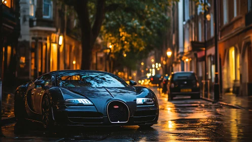 Black hypercar on wet city street under warm night lights.