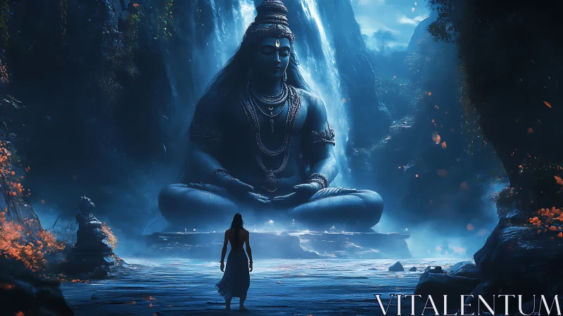 Colossal blue deity statue in misted canyon environment.