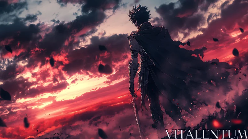 Stormlit swordsman watching a rebel crimson horizon burn.