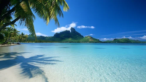 Tropical Lagoon with Volcanic Peak and Palm Shade Composition