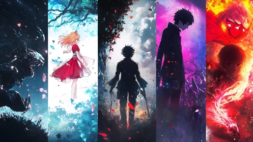 Elemental anime warriors stand divided by ethereal realms.