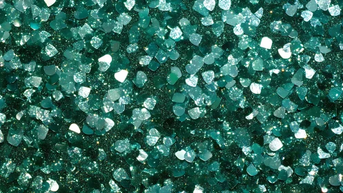 Macro optical field of teal glitter micro-flakes in bokeh dispersion.