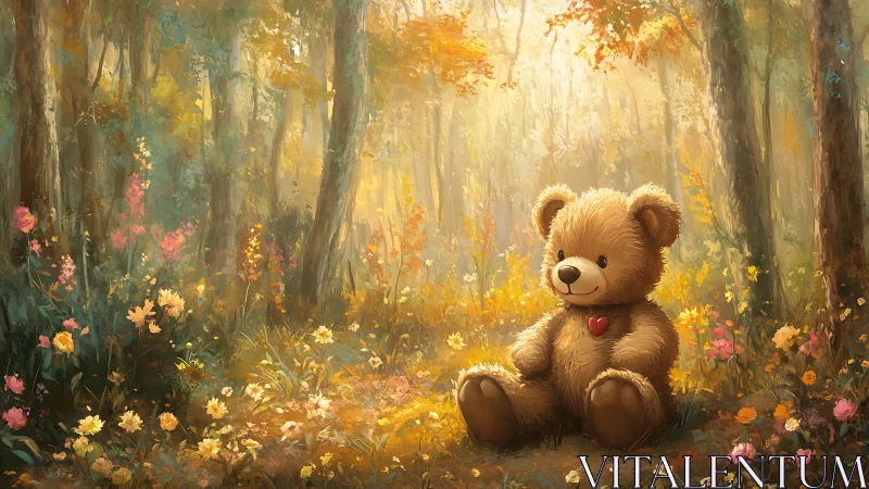 Sunlit teddy bear quietly crowns a storybook forest glade