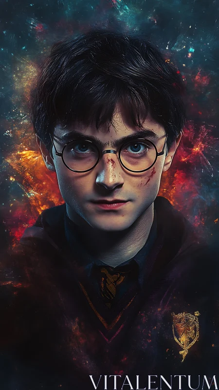 Young wizard portrait with cosmic fiery background.