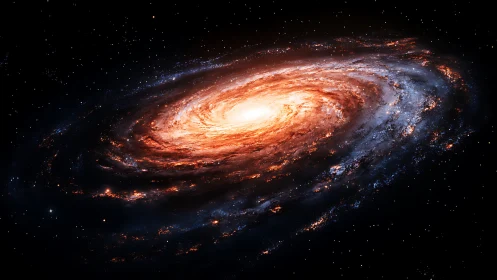 Spiral galaxy core blazing with orange stellar bands in void.