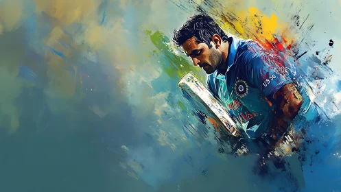 Kinetic digital painting of focused cricket batter in motion field.