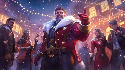 Holiday street gathering with central figure in red coat.