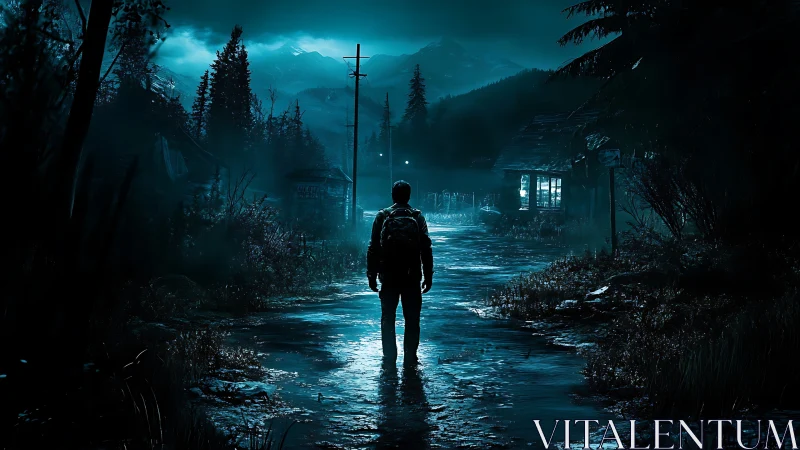 Lone traveler wandering a moonlit mountain village road.