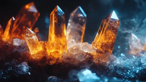 Volumetric-lit citrine crystal spires in frosted mineral bed.
