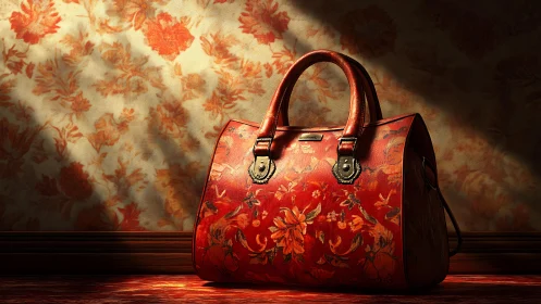 Floral red leather handbag glows in a warm vintage spotlight