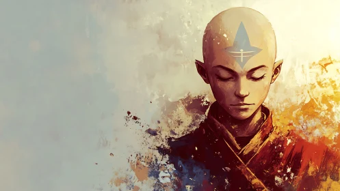 Monk portrait with glowing symbol amid abstract fire calm.