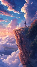Solitary figure on sunlit cliff above radiant cloudscape.