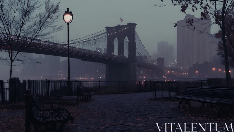 Foggy Brooklyn Bridge at dawn with riverside promenade benches