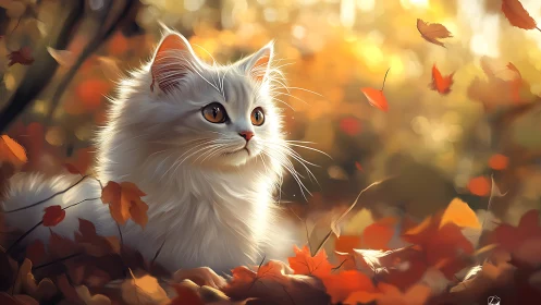 White Cat in Autumn Leaves with Golden Light.