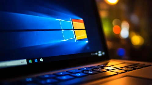 Windows desktop glows on laptop in colorful low light.