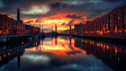 Glowing city canal reflects a fiery, peaceful evening sky
