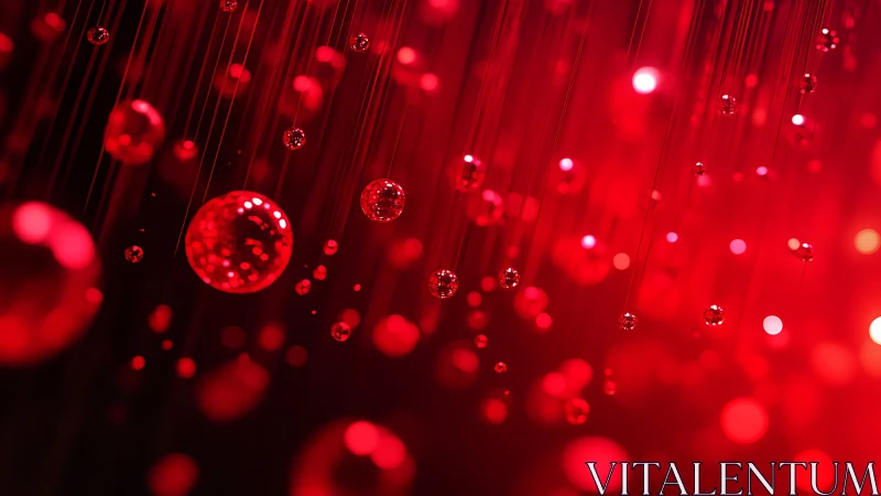 Suspended red glass spheres render depth with vivid bokeh